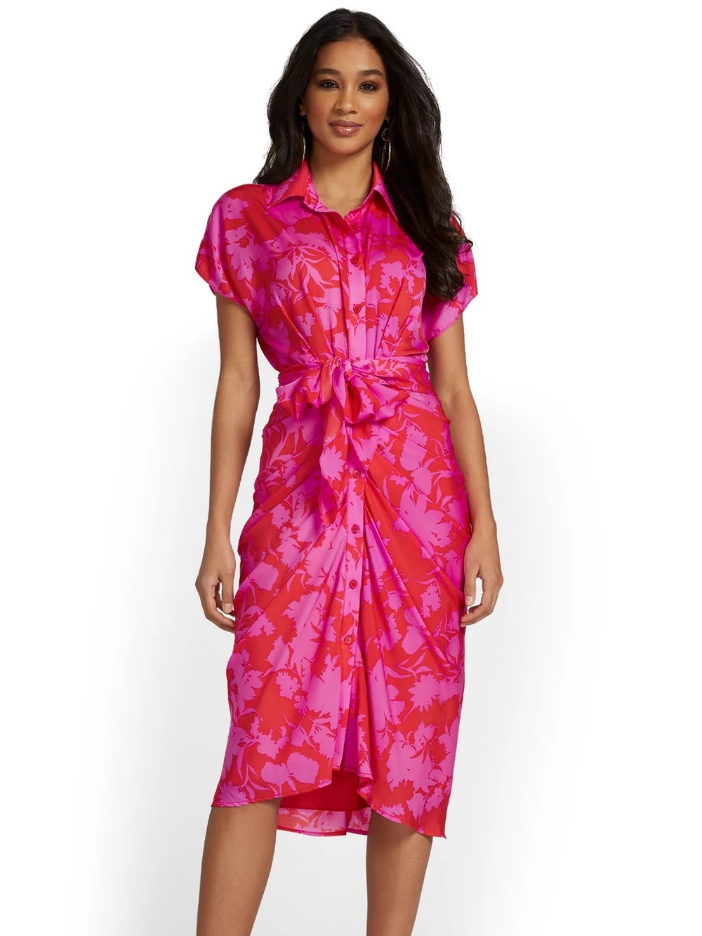 Bright Pink Floral Tie-Waist Shirt Dress